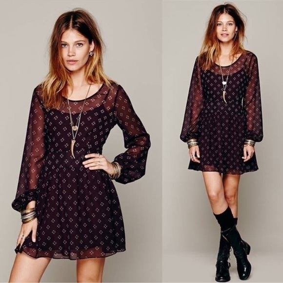 Free People Sheer Black Baby Dee Chiffon Long Sleeve Fit and Flare Dress Sz S - Picture 13 of 13